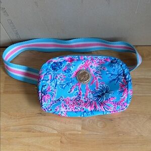 Lilly Pulitzer Blue Floral Belt Bag with Pink Accents